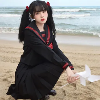Japon Okul Öğrenci JK Üniforma Siyah Denizci Kıyafeti Kısa / uzun Kollu Kız Seksi Seifuku Pilili Etek Kadın Anime Cos Kostüm