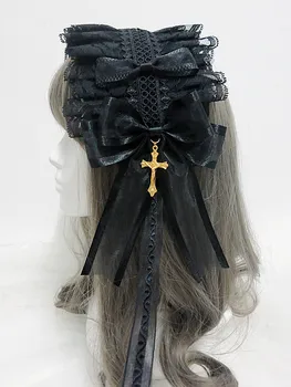 Japon Tarzı Gotik Lolita Yay Dantel Şapkalar El Yapımı çapraz Kafa Bandı saç aksesuarları Siyah saç bandı Cosplay fotoğraf Çekmek
