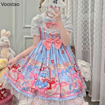 Japon Tatlı Lolita Jsk Elbise Dantel Yay Ayı Tavşan Eğlence Parkı Baskı Girly Kawaii Parti Elbiseler Kolsuz Harajuku Vestidos