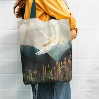 Japon Ukiyoe Omuz Çantaları Alışveriş Tote Casual Kadın Çanta Yeni Varış Vinç Tasarımcı Eko Çanta Kullanımlık Bakkaliye Depolama
