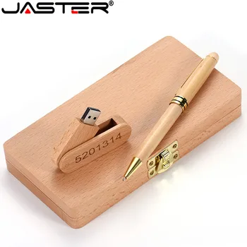 JASTER Kayın tükenmez kalem kutusu + USB flash sürücü 128GB kalem sürücü 4G 8G 16G 32G 64GB USB PenDrive zarif hediye (özel logo)