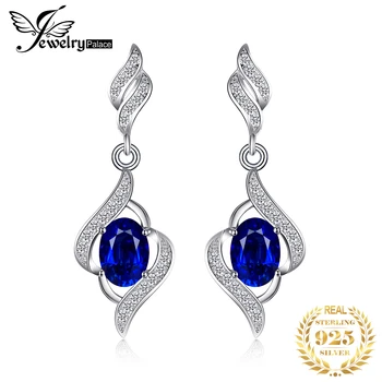JewelryPalace Oluşturulan Mavi Safir Küpe 925 Ayar gümüş sarkık Damla Küpe Kadınlar için Bildirimi Taş Takı