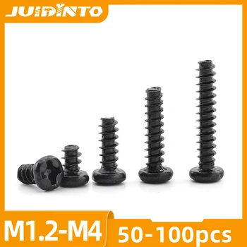 JUIDINTO 50-100 adet Siyah Çapraz Yuvarlak Kafa Düz Kuyruk akıllı vida M1. 2-M4 Karbon Çelik Phillips Başlı Vidalar