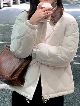 Jyate 2022 Kış şişme ceket kadınlar Yaka Yaka Yastıklı Pamuklu Ceket Kadın Moda Katı Ekose Sıcak Kısa Kirpi Parkas Ceketler