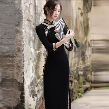 Kadife Cheongsam 2021 Yeni Sonbahar Genç Retro Çin Tarzı Siyah Cheongsam Qipao Zarif Günlük Elbise