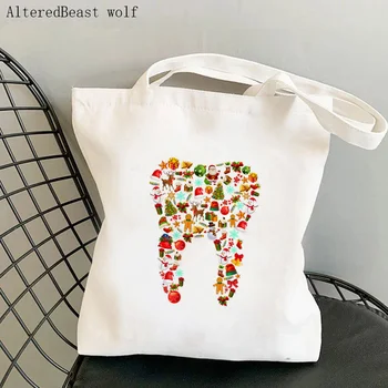 Kadın Alışveriş çantası Diş kadro diş Kawaii Çanta Harajuku Alışveriş Kanvas Alışveriş Çantası kız Noel Tote Omuz Bayan Çantası