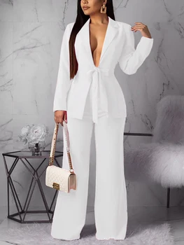 Kadın Beyaz Blazer Setleri Zarif Dantel Up Ceket Tops düz Pantolon Bahar Yaz Şık 2 Parça Kıyafetler Iş Parti Dış Giyim