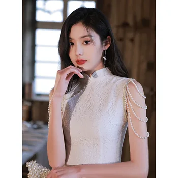 Kadın Beyaz İnce Cheongsam İnciler Elbiseler Yıllık Toplantı Elbiseler Çin Tarzı Düğün Tost Giyim