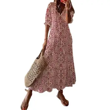 Kadın Elbise Vintage Etnik Baskı V Boyun Yaz Sonbahar Zarif Yarım Kollu Hollow Out Ruffles Büyük Hem Gevşek Maxi Elbise vestidos
