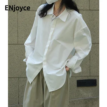 Kadın Gevşek Versiyonu Beyaz Geniş Omuz Uzun Kollu Gömlek Casual Yaka Bluzlar Ofis Bayanlar Kıyafet Giyer Gömlek Bahar Güz