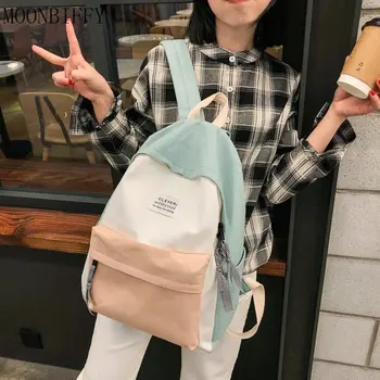 Kadın keten sırt çantası Moda Kadın omuzdan askili çanta Dikiş Renk genç Kız için okul çantası Çocuk Sırt Çantası Mochila