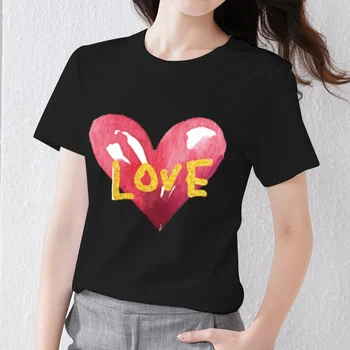 Kadın Klasik siyah tişört Banliyö Tüm Maç Yumuşak Aşk Desen Serisi Bayanlar Kısa kollu Moda Üst O-Boyun İnce T-shirt