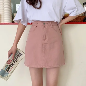 Kadın Kore Harajuku Kot Etek Rahat Yaz Yüksek Bel Zarif Katı Basit Vahşi Bir Çizgi Mini Etekler Vintage Y2K Streetwear