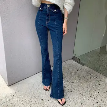 Kadın Kore Tarzı Şık Yüksek Bel Flare Kot Streetwear İnce Çizme Kesim Kot Pantolon Bayanlar Vintage Gerilebilir Kot Pantolon