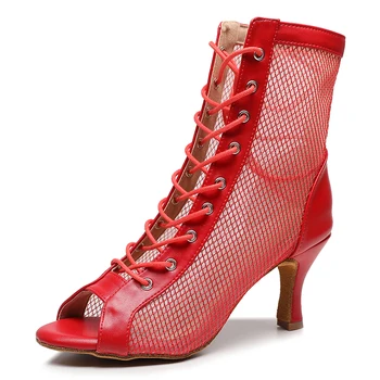 Kadın Kırmızı Örgü Latin Balo Salonu Dans Ayakkabıları Kadın Yüksek Topuk Caz Dans Patik Kızlar Lace Up Stiletto Bootie İnce Topuk 3.5 / 4 İnç