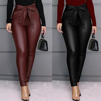 Kadın Moda Sahte PU Deri Yüksek Bel Skinny Fit kalem pantolon Ofis Bayan Bahar Sonbahar Rahat Düz Pantolon Yay ile