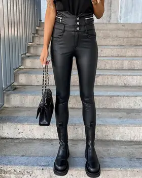 Kadın pantolonları 2022 Sonbahar Moda Pu Deri Yüksek Bel Düğme Fermuar Tasarım Düz Sıska Günlük Uzun pantolon