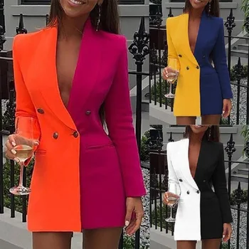 Kadın Patchwork Çentikli Boyun Uzun Kollu Blazer Tarzı Mini Elbise Ofis Bayan Zarif Mini Elbiseler