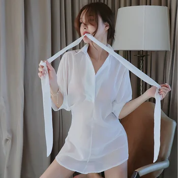 Kadın Pijama Gömlek Elbise Seksi Derin V Perspektif Nightie İnce Pijama Günaha bornoz Uzun İç Çamaşırı Gecelik