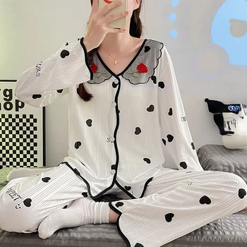 Kadın Pijama Set Sonbahar Kış Pijama Set Turn Down Yaka Sevimli Dantel Uzun Kollu Rahat Kadın Pijama Ev Giyim Pantolon