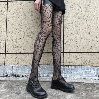 Kadın See Through Külotlu Çorap, Örümcek Web Desen Slim Fit Kaymaz Ayak Sarılmış Elastik Uzun Çorap