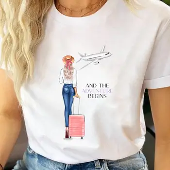 Kadın T-shirt Kadın T Tee Karikatür Elbise Kısa Kollu Rahat Seyahat Tatil Tatil Gömlek Moda Bayan Grafik Tişört Üst