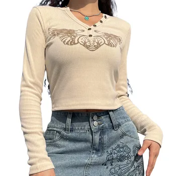 Kadın T-shirt Sonbahar Kış 2022 Seksi Kırpma Üst 2000s Elbise y2k Grafik Peri Grunge Vintage Uzun Kollu Üst Streetwear