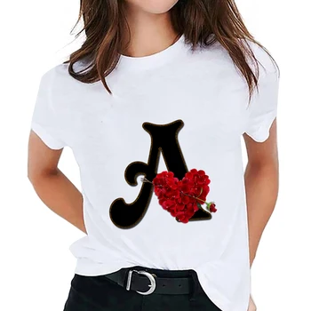 Kadın T shirt Özel Ad Mektup Kombinasyonu Baskı Tshirt Çiçek Mektup Yazı Tipi A B C D E F G Kısa Kollu Bayan T-Shirt