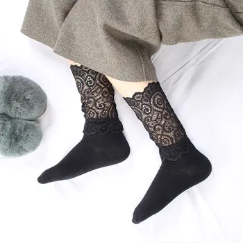 Kadın Yaz Hollow Out Pamuk Çorap Nefes Dantel Çiçek Örgü Lolita Çorap JK Cosplay Prenses Soxs Siyah Uzun Çorap Kadın