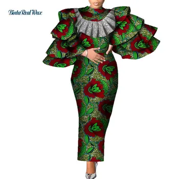 Kadınlar için afrika Elbiseler Baskı Çok Katmanlı Ruffles Kollu Uzun Elbiseler Vestidos Riche Elbiseler Afrika Ankara Giyim WY7933