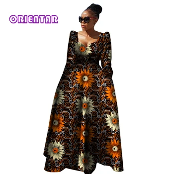 Kadınlar için afrika Elbiseler Tam Kollu Uzun Maxi Elbise Robe Africaine Bazin Riche Afrika Giyim Kadın Akşam Elbise WY2849