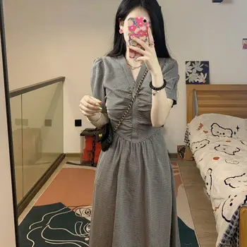 Kadınlar için uzun Ekose Elbise Kız Midi Elbise Yaz Fairycore Parti giyim Cottagecore Elbise Kore Moda 2022