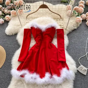 Kadınlar Zarif Elbise Yeni Yıl 2022 İçin Straplez Backless Kürklü Seksi Kısa Mini Noel Elbise Navidad Kırmızı Parti Elbise Femme