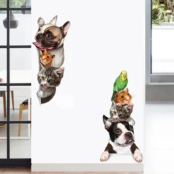 Karikatür Hayvanlar 3D duvar çıkartmaları Kediler Köpekler Fare Kuşlar Kapı Çıkartmalar Komik Ev Dekor Çocuk Odası Dekorasyon Vinil Duvar Kağıtları