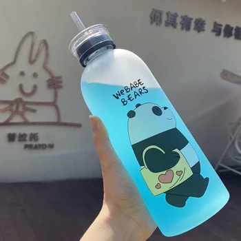 Karikatür Panda Ayı Fincan 1L Su Şişeleri İle/Hiçbir Saman Şeffaf Sevimli Su Şişesi Drinkware Buzlu