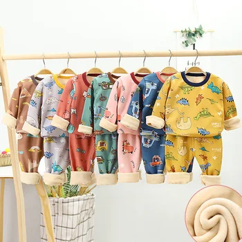 Karikatür Polar Yastıklı Çocuklar Termal İç Çamaşırı Seti Bebek Kız Erkek Ev Giyim çocuk pijamaları Setleri 1-11 Yıl