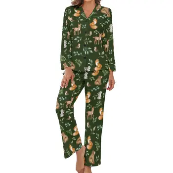 Kawaii Ayı Tilki Pijama Kadın Orman Hayvan Baskı Yumuşak Pijama bahar uzun kollu elbise 2 Parça Estetik V Boyun Grafik Pijama Seti