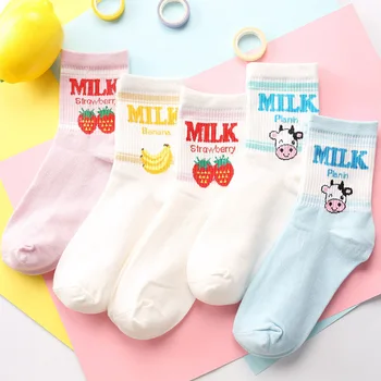 Kawaii Jakarlı Meyve Çilekli süt Pinky Beyaz Kadın Çorap Japon Harajuku komik çoraplar Calcetines Mujer