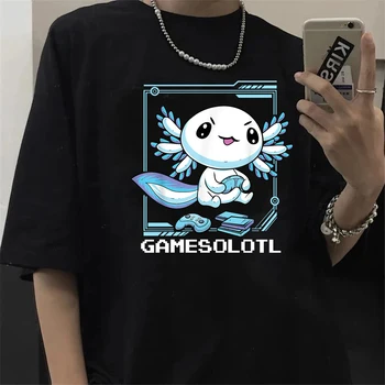 Kawaii Karikatür Gamesolotl Oyun Axolotl T Shirt Kadın Yaz Üstleri Grafik Tees Hip Hop Unisex Grunge Estetik Tshirt Kadın