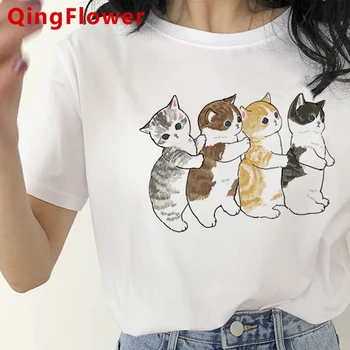 Kawaii Kedi Komik Karikatür grafikli tişört Kadın Harajuku Sevimli Anime Tshirt Kore Tarzı Moda T Shirt Ullzang En Tees Kadın