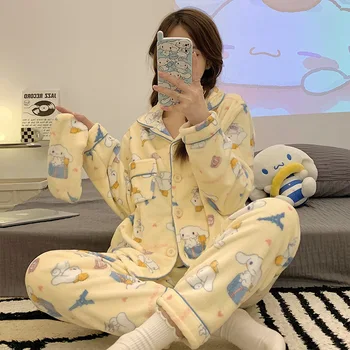Kawaii Sanrios Pijama Setleri Anime Cinnamoroll Kuromi Sevimli Karikatür Kalın Kış Sıcak Pazen Kadın Ev Pijama Seti Hediye