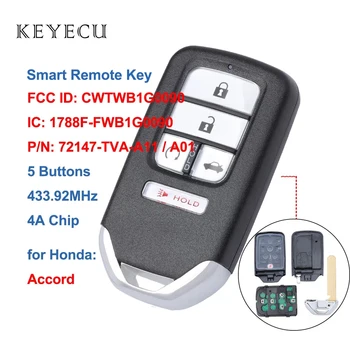 Keyecu Anahtarsız Prox Akıllı Uzaktan Araba Anahtarı Fob 5 Düğmeler 433MHz 4A Çip Honda Accord 2018 2019 2020 için CWTWB1G0090