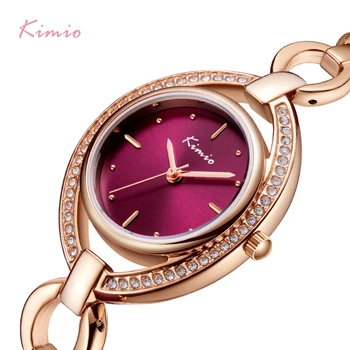 KIMIO Marka Kadınlar Lüks Kristal Benzersiz kadranlı saat Gül Altın Hollow Bilezik Elbise Saatler Bayanlar Elmas Taklidi Kol Saati