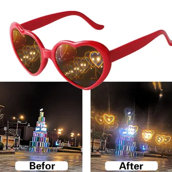 Komik kalp şeklinde özel efektler gözlük erkekler kadınlar Vintage Retro güneş gözlüğü yaratıcı ışık değişimi aşk kalp Lens gözlük