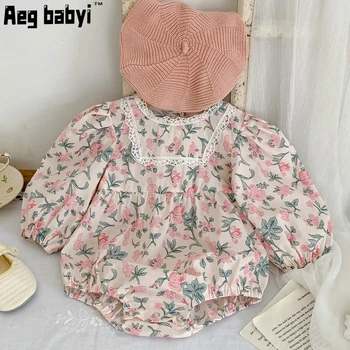 Kore Bebek Kız Giysileri Bahar Bebek Kız Romper Dantel Fırfır Çiçek Uzun Kollu Yenidoğan Bebek Bodysuits Pamuk Bebek Giyim