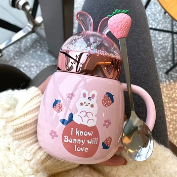 Kore Pembe Tavşan Seramik Su kapaklı bardak Güzel Kız Kalp mark kupası Net Kırmızı Rüya Flaş Kahvaltı Fincan