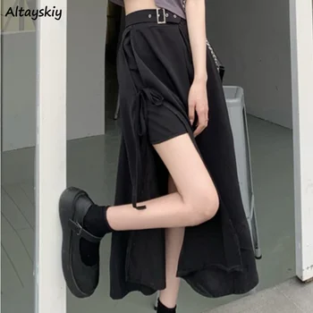 Kore Tarzı A-line Etekler Kadın Asimetrik Tasarım Orta buzağı Siyah Etek Kadın Yüksek Sokak Zarif Yaz Yeni Moda Şık
