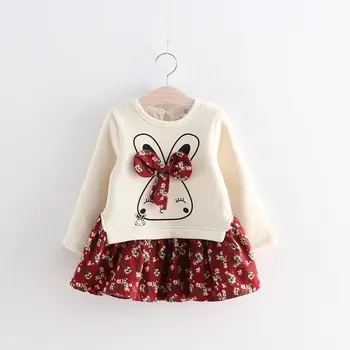 Kore versiyonu sonbahar kız elbise küçük ve orta ölçekli kızlar için sevimli tavşan çiçek yay ve kadife dikiş elbise
