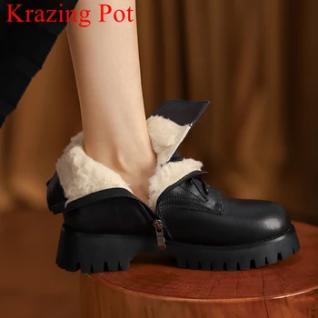 Krazing Pot marka sıcak tutmak inek deri zip kar chelsea çizmeler med topuklu ins katı yuvarlak ayak tiki tarzı ins kalma yarım çizmeler