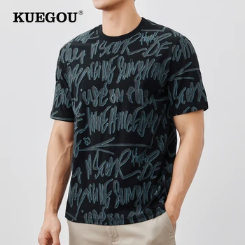 KUEGOU Erkek kısa kollu t-shirt 2022 Yaz Yeni %100 % Pamuk Moda Streetwear O-boyun tshirt Mektubu Baskı Üst Siyah Beyaz 20418